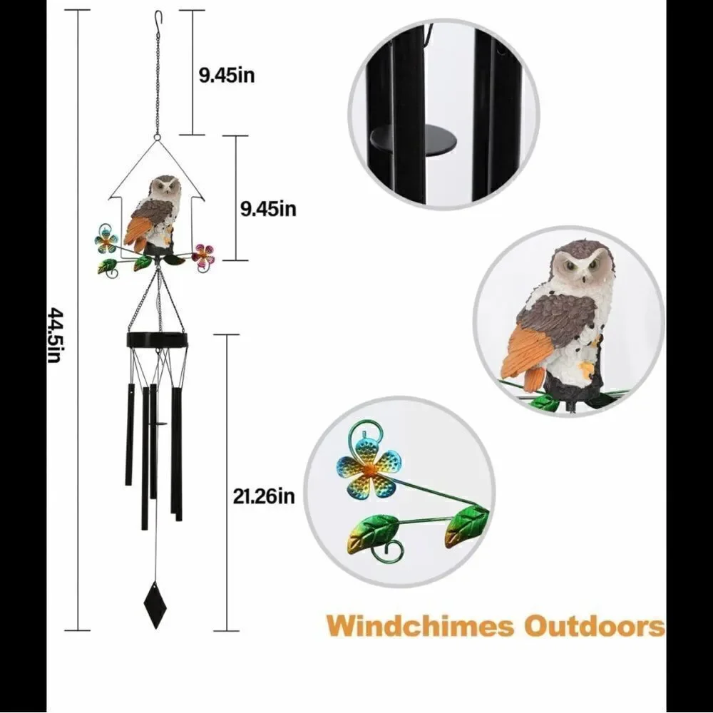 Solar OWL Wind-chimes. Outdoor decor solar powered lights up at night.